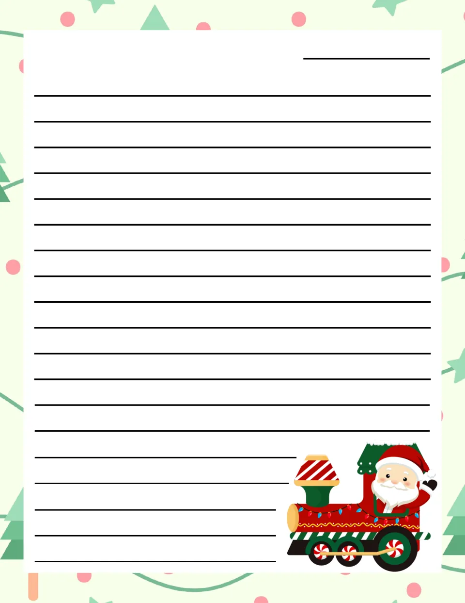 Santa train stationery: open letter paper with a date spot where students draft a holiday letter in their own words