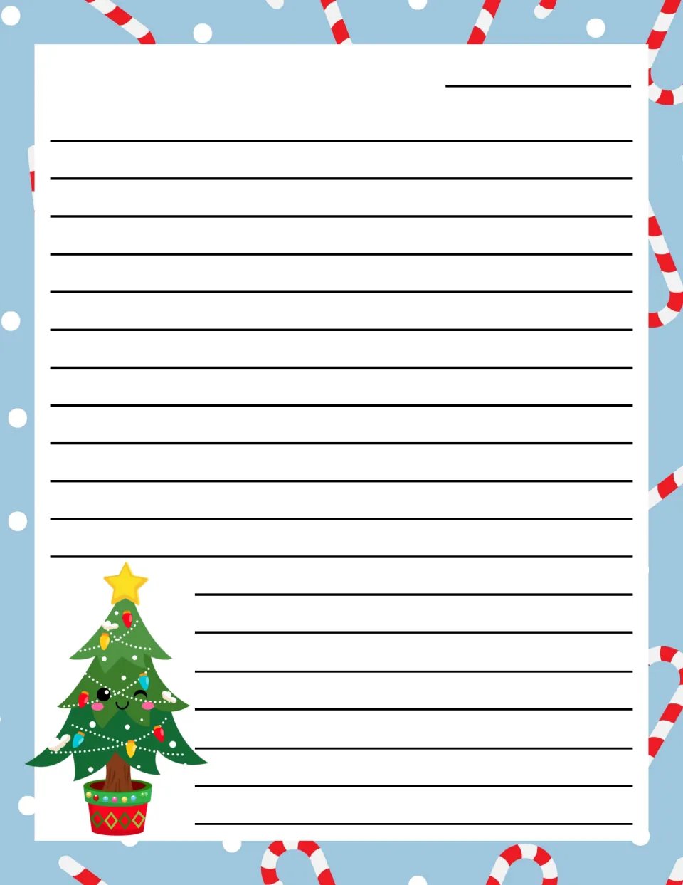 Candy cane stationery with a smiling Christmas tree: open writing page and date spot for a student's letter to Santa