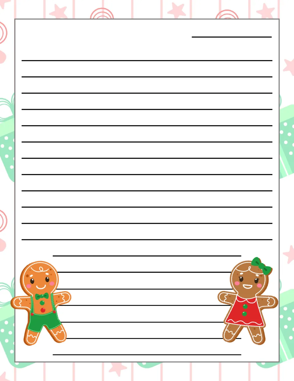Gingerbread boy and girl stationery: unprompted letter page with a date spot for students to write their Christmas wishes
