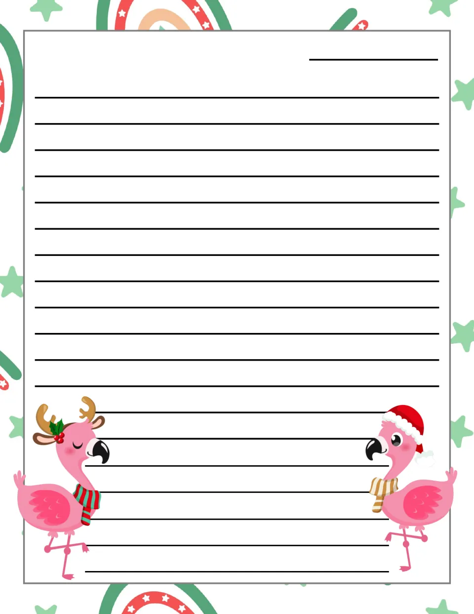 Holiday flamingo stationery with rainbows and stars: open letter page with a date spot for student holiday letter writing