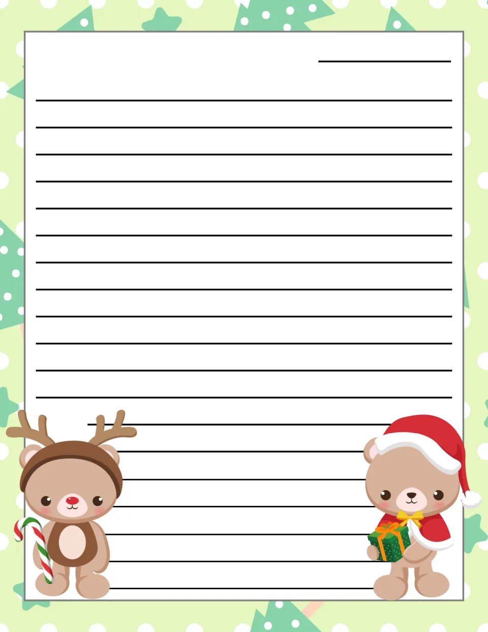 Reindeer and Santa-hat teddy bear stationery: open letter page with a date spot for students to compose a letter to Santa