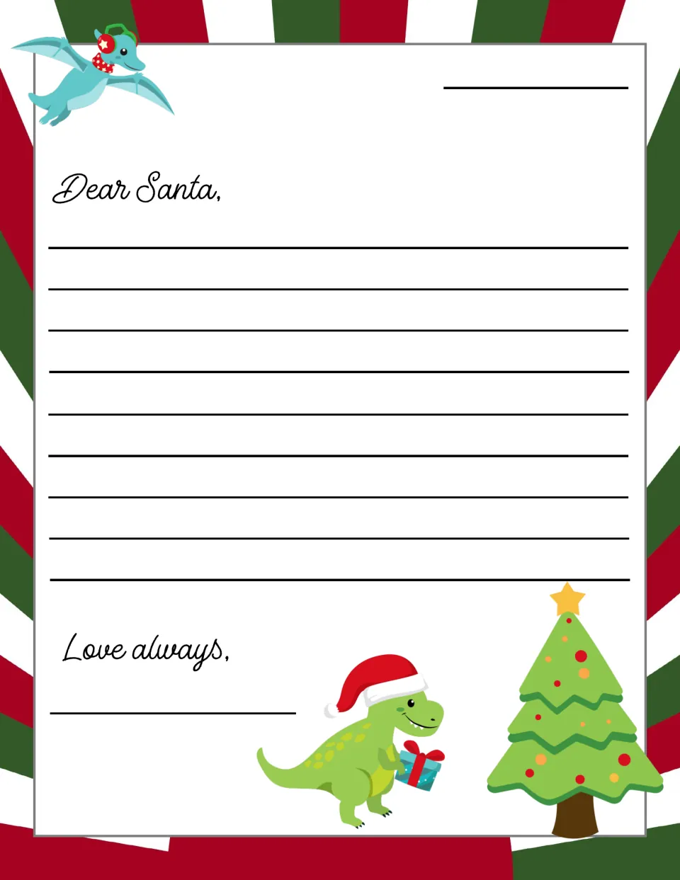 Dinosaur Dear Santa template: students write under the greeting and sign below Love always, with a T. rex in a Santa hat