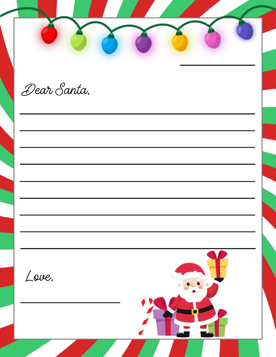 Dear Santa frame with Christmas lights and Santa: students practise greeting, body and Love closing in a friendly letter