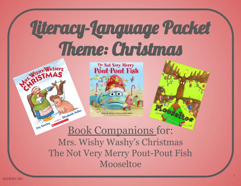Christmas packet cover naming Mrs. Wishy-Washy's Christmas, The Not Very Merry Pout-Pout Fish, and Mooseltoe