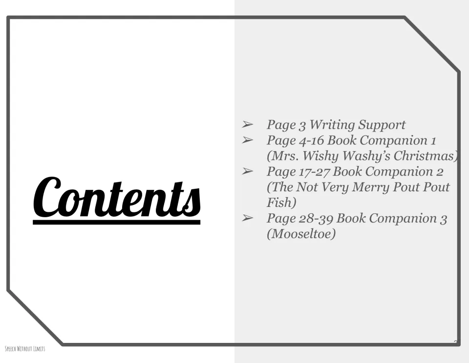 Contents listing writing support on page 3 and three Christmas book companions on pages 4–16, 17–27, and 28–39