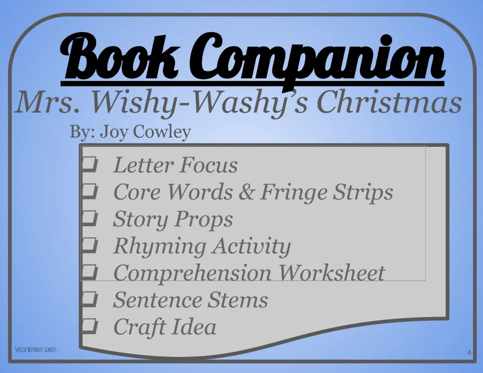 Mrs. Wishy-Washy's Christmas companion opener lists letter focus, vocabulary, story props, and other activities