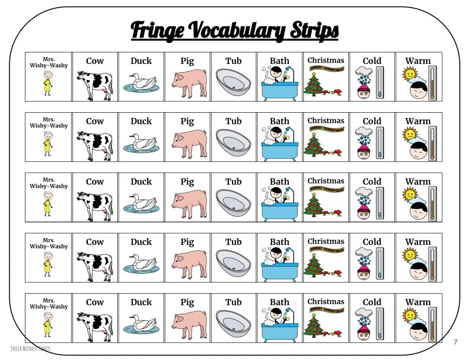 Five vocabulary strips repeat Mrs. Wishy-Washy, cow, duck, pig, tub, bath, Christmas, cold, and warm