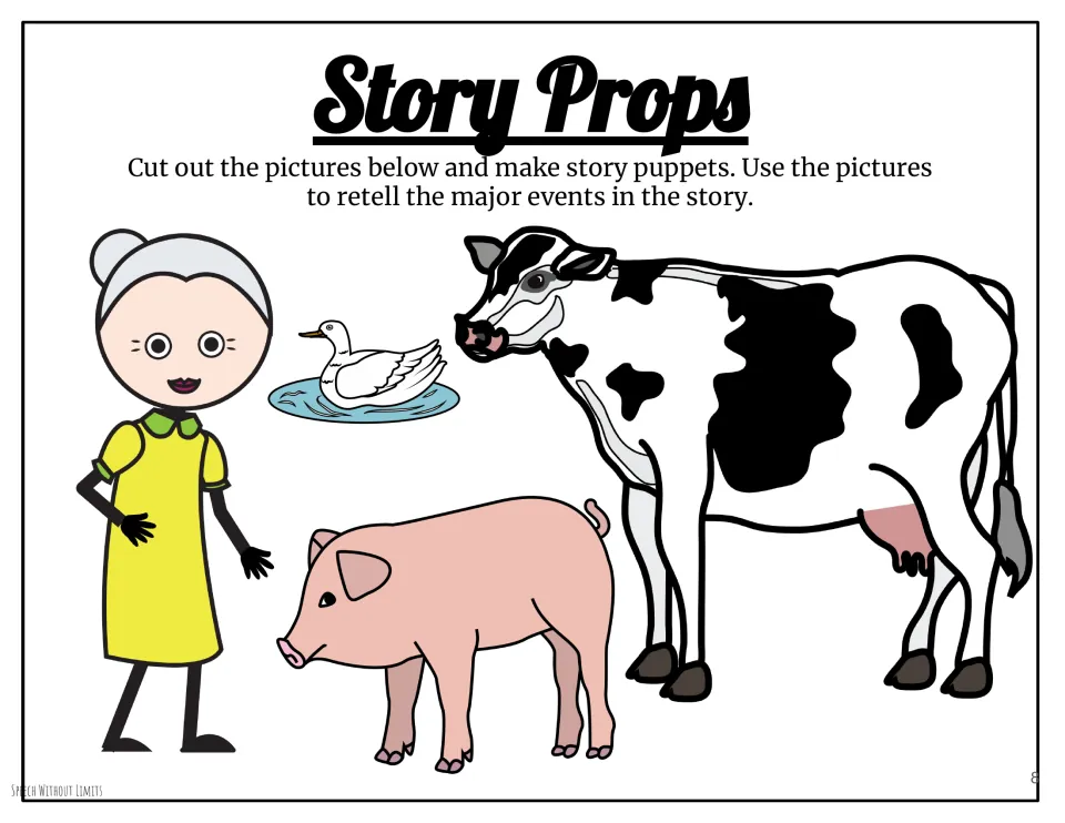 Story props of Mrs. Wishy-Washy, a cow, a duck, and a pig to cut out as puppets and retell major story events