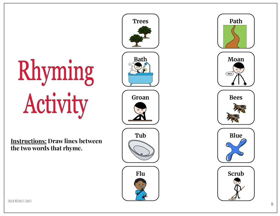 Rhyming activity pairs trees, bath, groan, tub, and flu with path, moan, bees, blue, and scrub for matching
