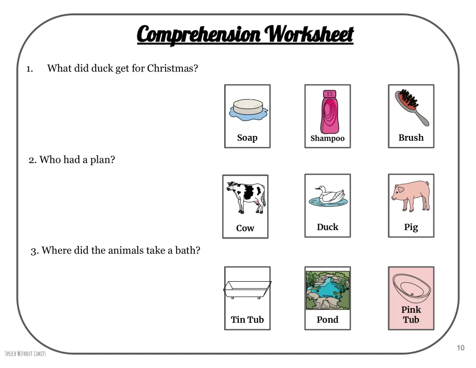 Three comprehension questions ask about Duck's Christmas gift, who had a plan, and where the animals bathed