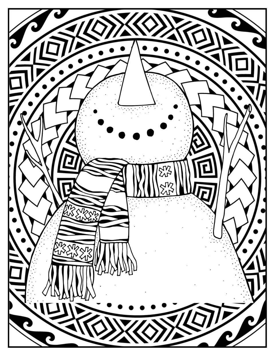 Christmas mandala coloring page 1: a snowman with a long carrot nose, twig arms, and a patterned scarf