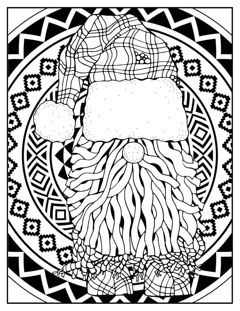 Christmas mandala coloring page 2: a gnome wearing a floppy plaid hat above a long, flowing beard