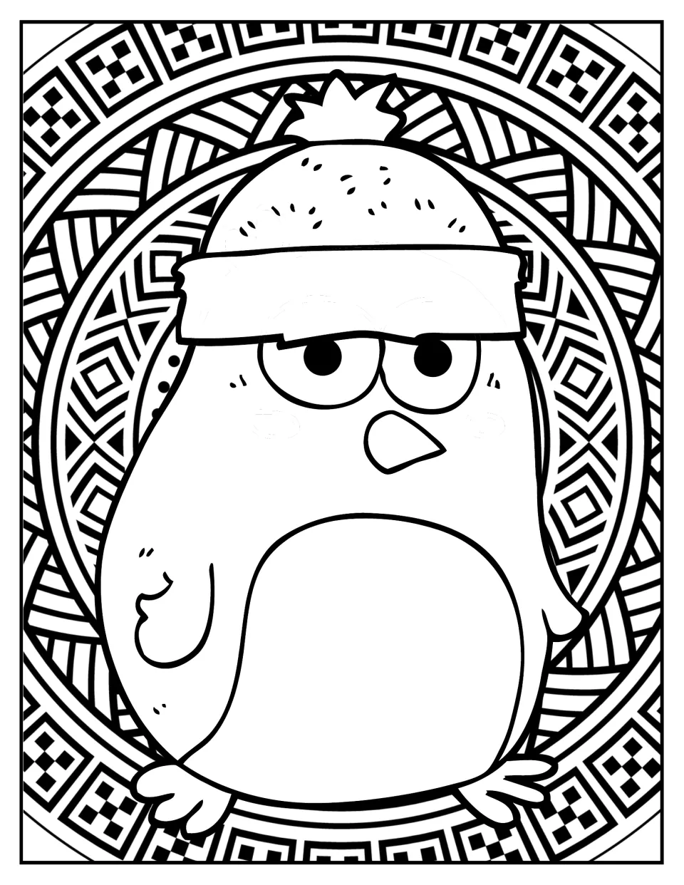 Christmas mandala coloring page 3: a penguin wearing a winter hat with a pom-pom and a wide cuff