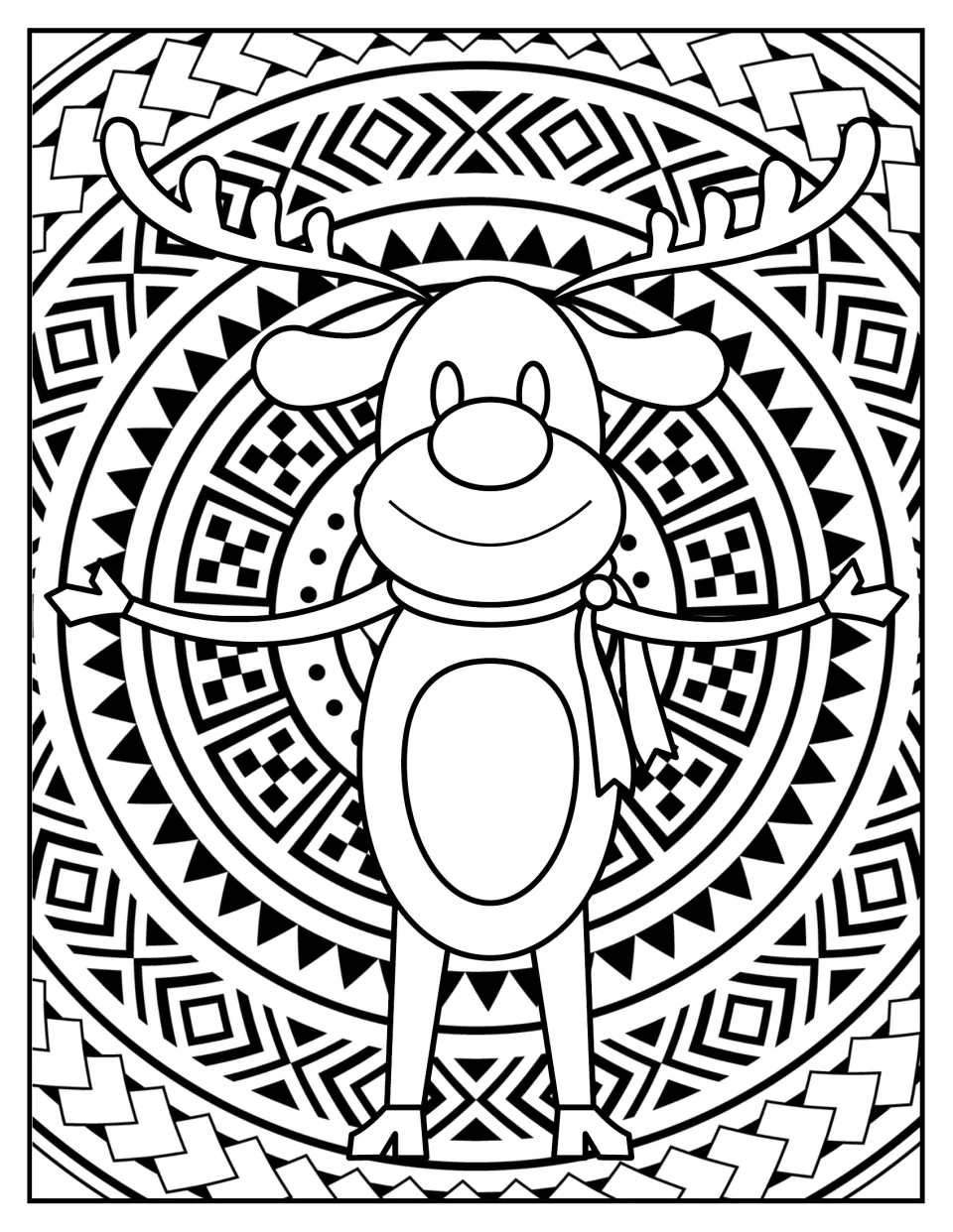 Christmas mandala coloring page 4: a smiling reindeer with branching antlers, a scarf, and outstretched arms