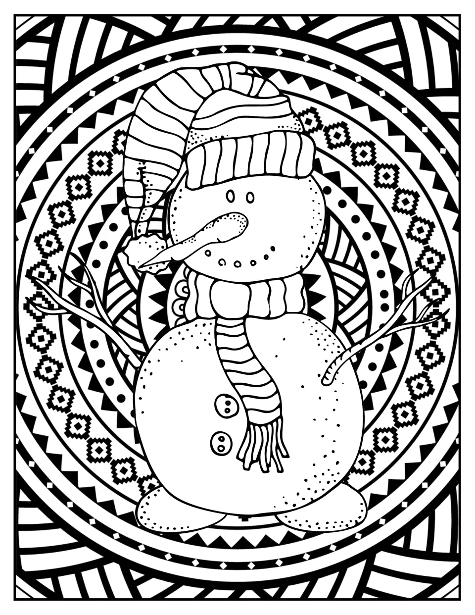 Christmas mandala coloring page 5: a snowman wearing a striped floppy hat and scarf, with two buttons