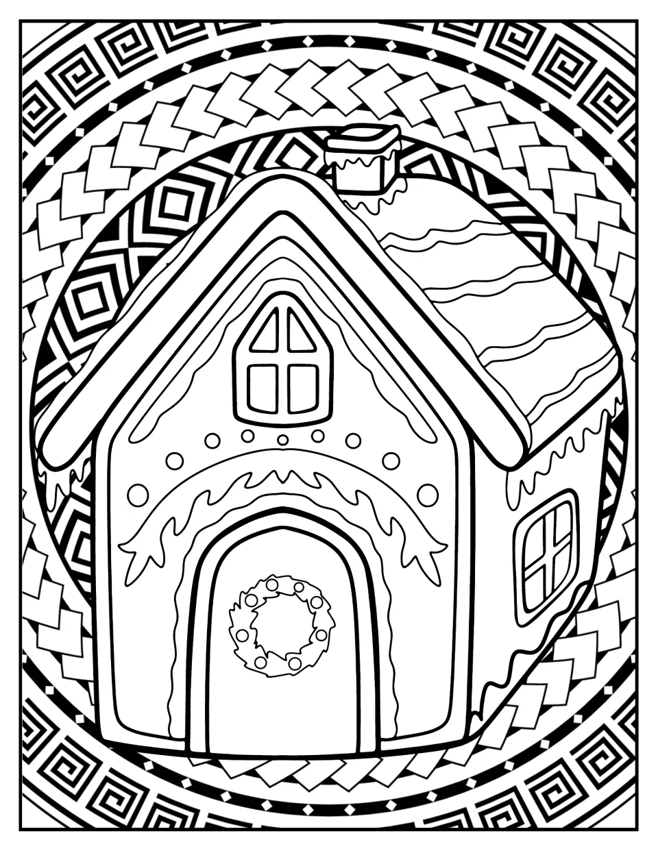Christmas mandala coloring page 6: a gingerbread house with icing, a chimney, and a wreath on the door