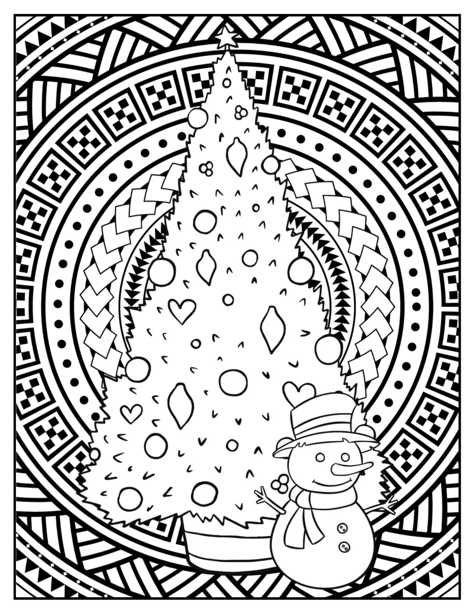 Christmas mandala coloring page 7: an ornament-covered tree topped with a star beside a small snowman