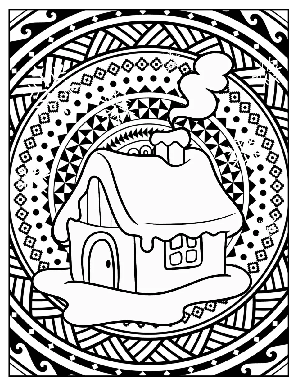 Christmas mandala coloring page 8: a snow-covered cottage with smoke rising from its chimney