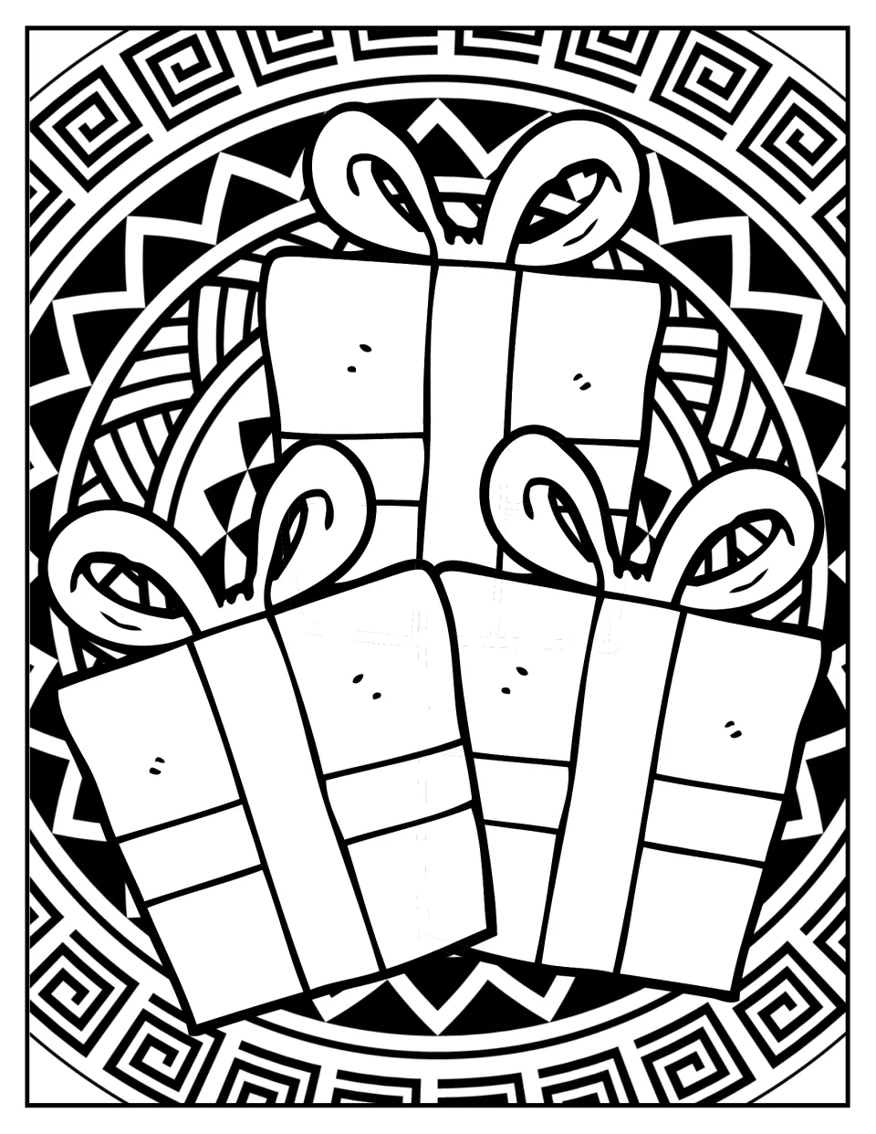 Christmas mandala coloring page 9: three wrapped presents tied with wide ribbons and large looped bows