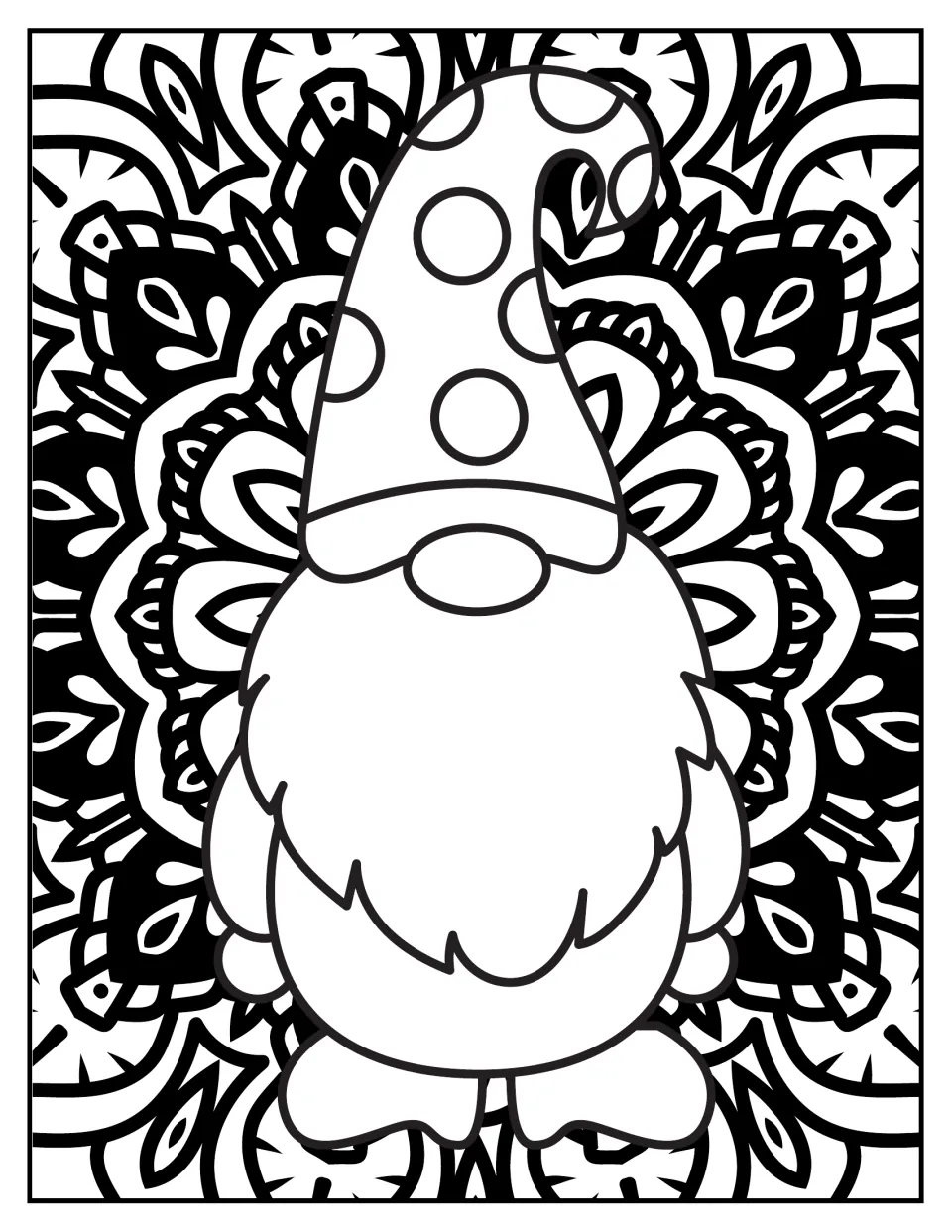 Christmas mandala coloring page 10: a gnome with a tall polka-dot hat, a round nose, and a full beard