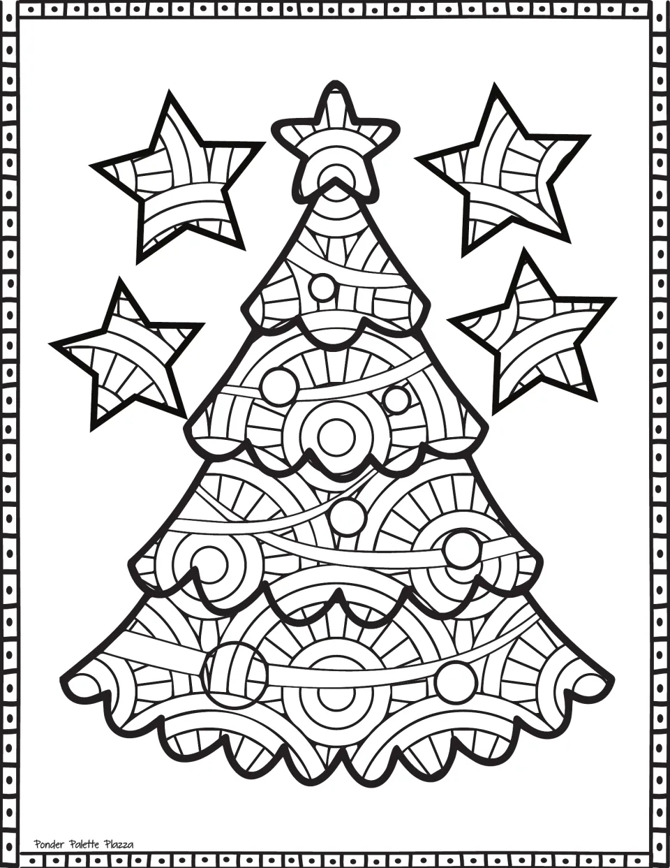 Christmas coloring sheet featuring a patterned Christmas tree with garlands, round ornaments, and stars