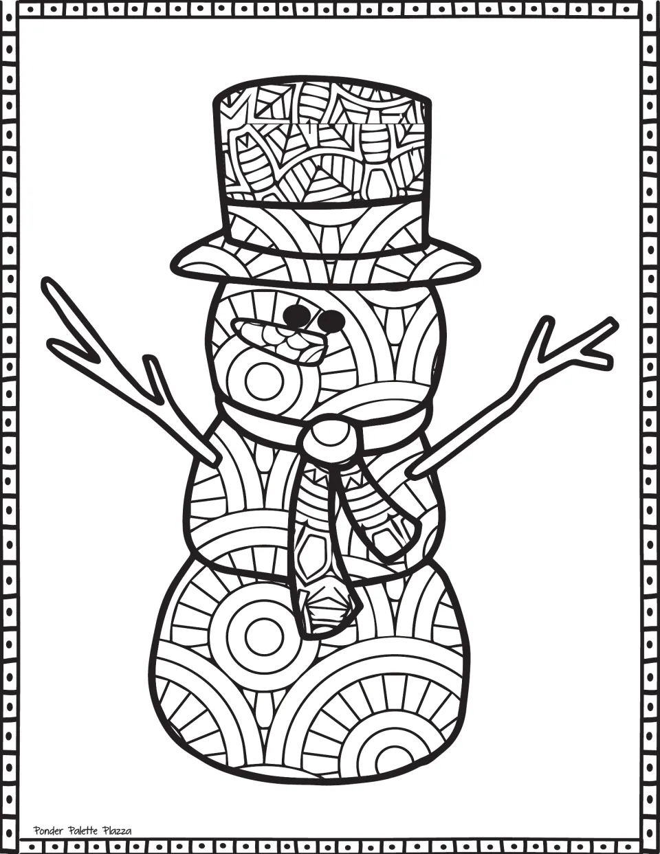 Christmas coloring sheet featuring a patterned snowman wearing a tall top hat and scarf, with twig arms