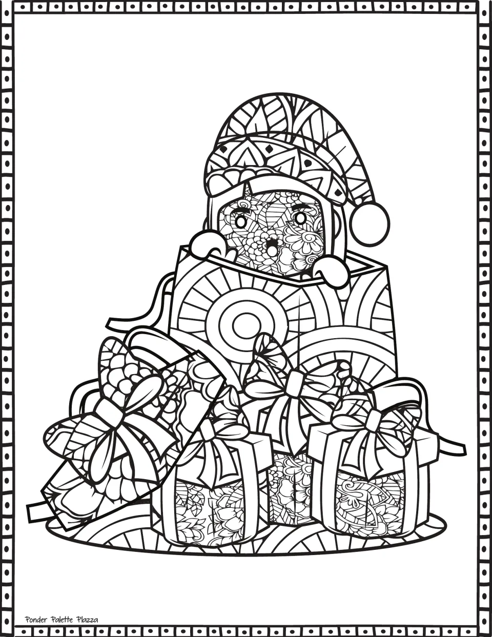 Christmas coloring sheet featuring a winter-hat character peeking from a gift bag behind wrapped presents