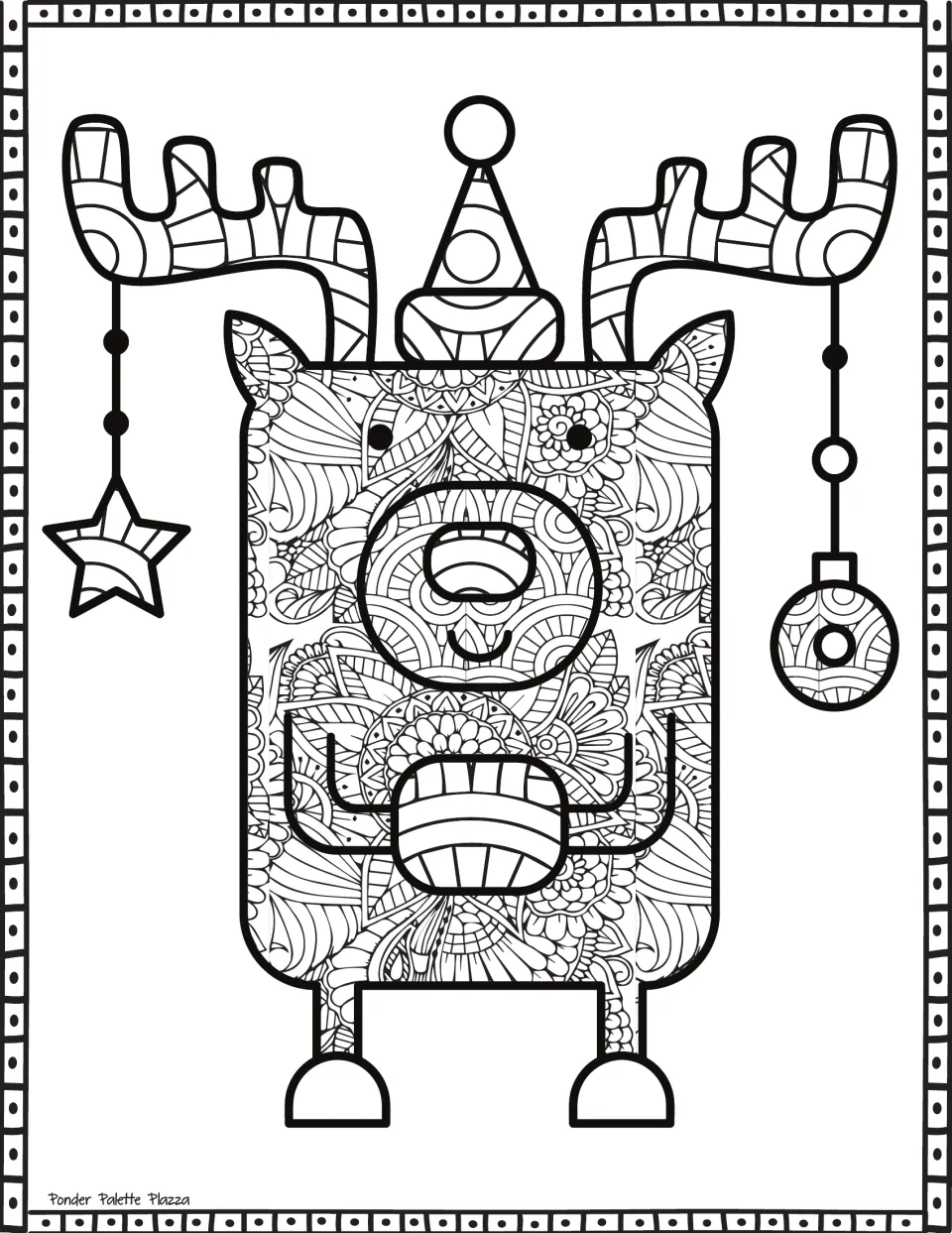 Christmas coloring sheet featuring a patterned reindeer in a festive hat, with ornaments hanging from its antlers