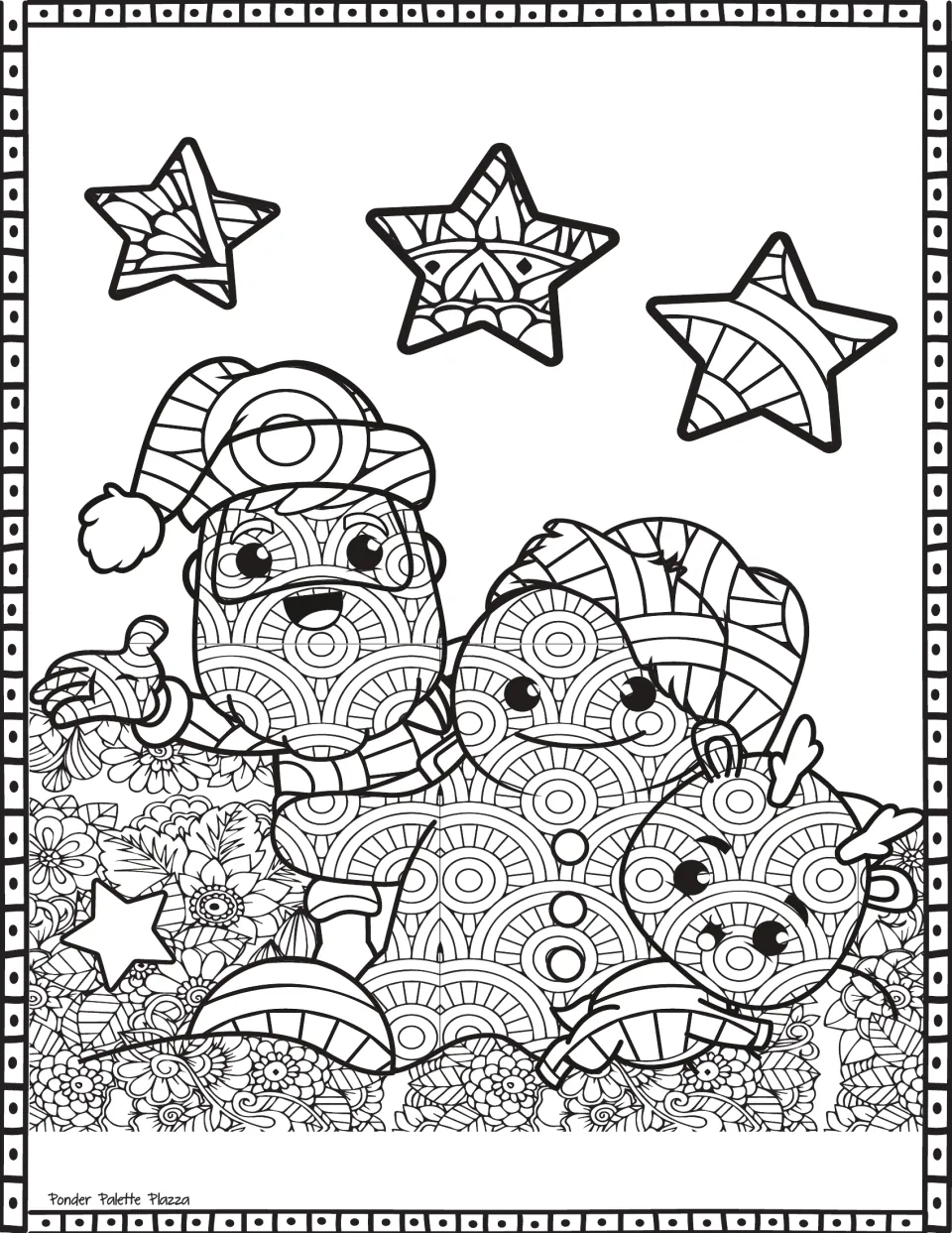 Christmas coloring sheet featuring Santa, a snowman, and a reindeer together beneath three patterned stars