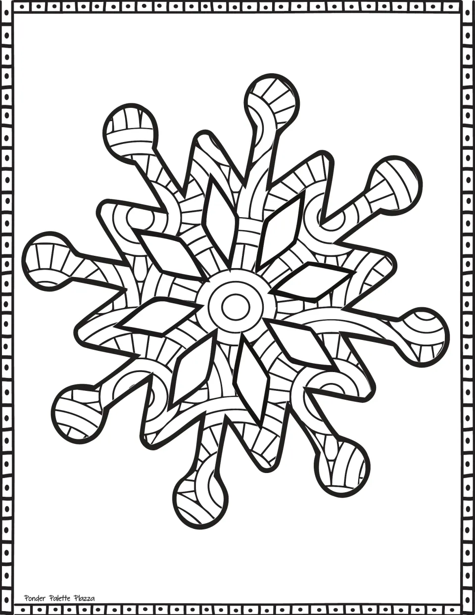 Christmas coloring sheet featuring a large patterned snowflake with rounded tips and a circular center