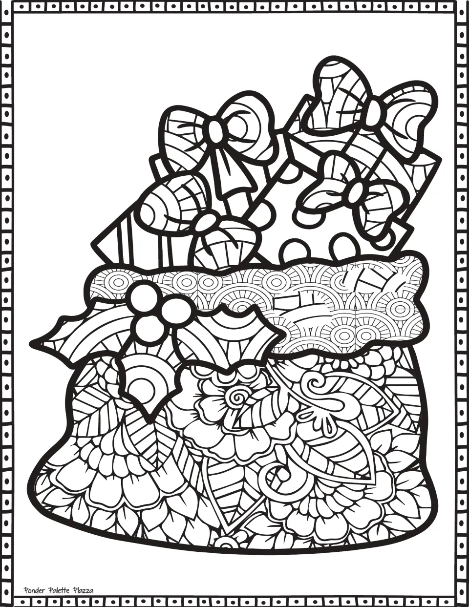 Christmas coloring sheet featuring a patterned sack filled with wrapped gifts and decorated with holly