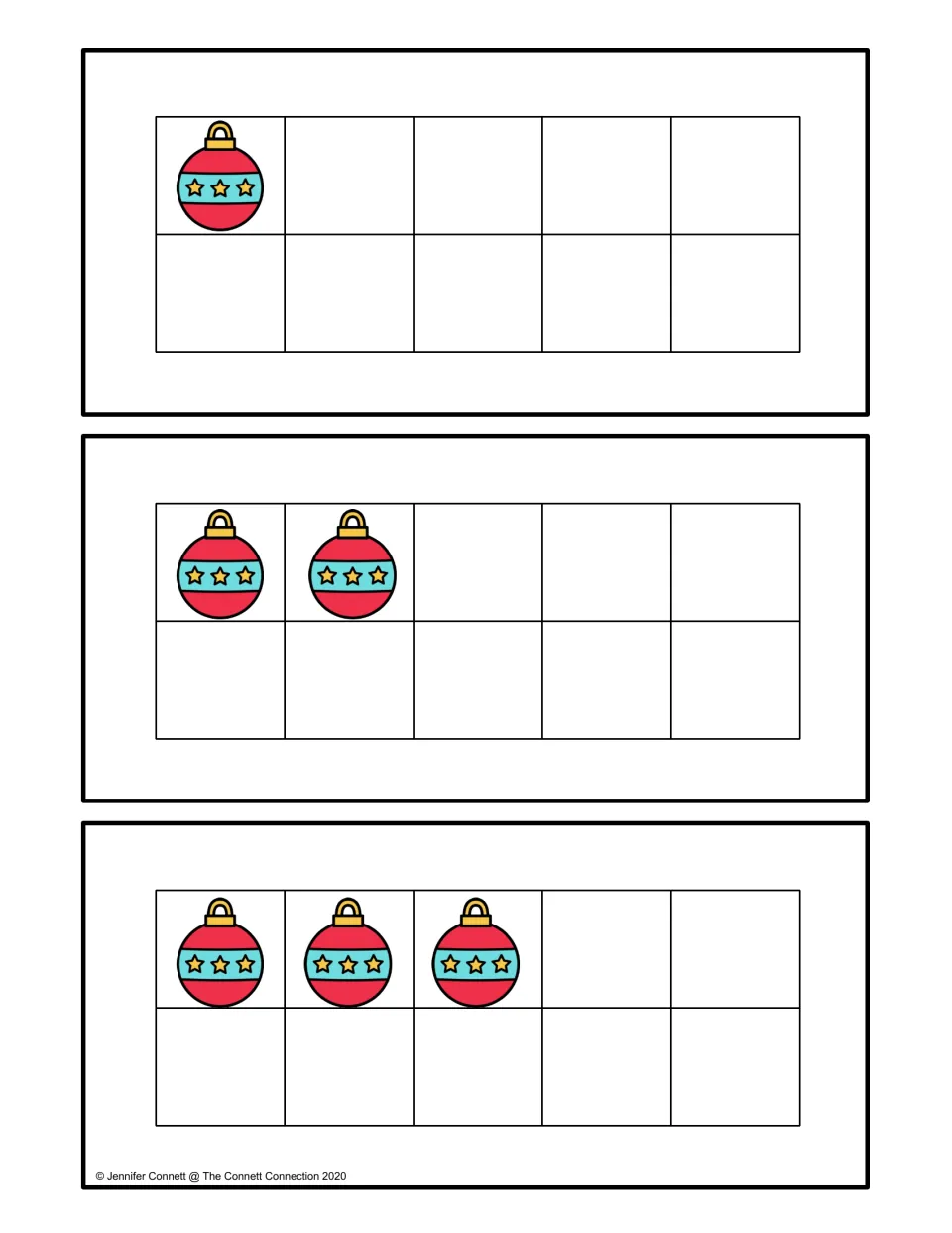 Christmas ornament ten frame cards: three cards show 1, 2 and 3 red ornaments for students to count and match to a number