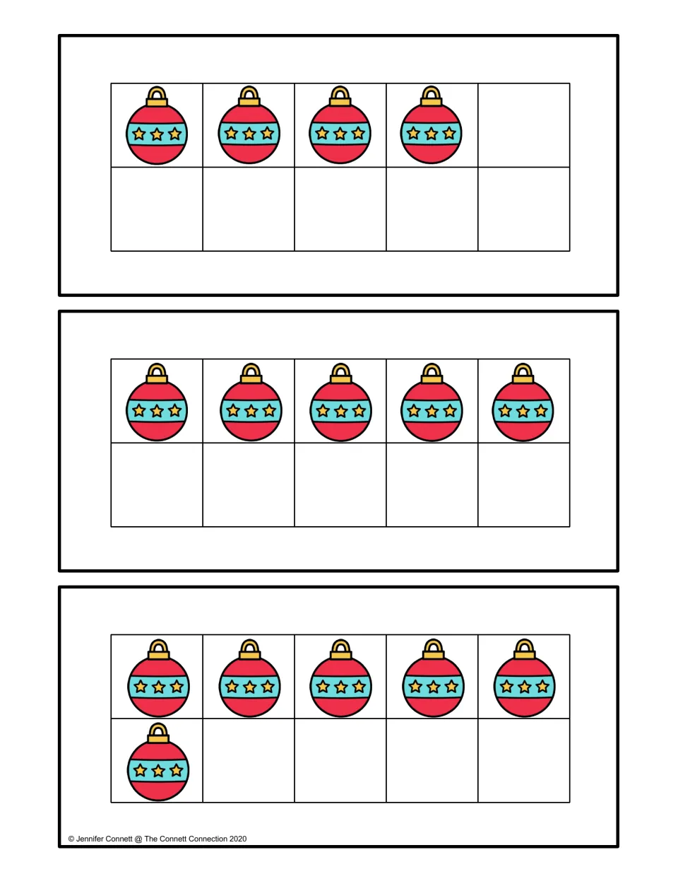 Ornament ten frame cards showing 4, 5 and 6 red ornaments; students count the filled spaces to find each quantity