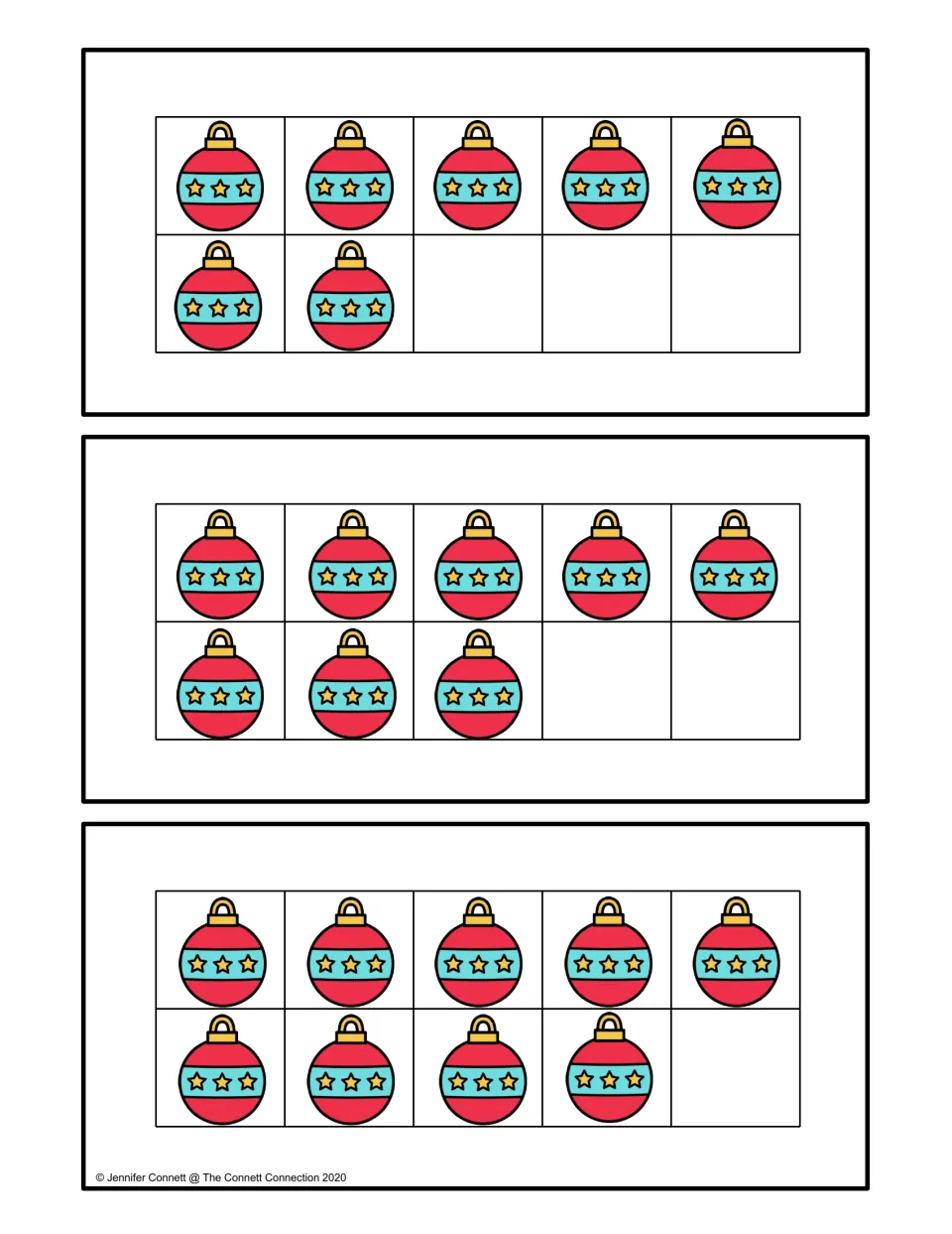 Ornament ten frame cards with 7, 8 and 9 red ornaments for counting larger quantities and spotting the empty spaces