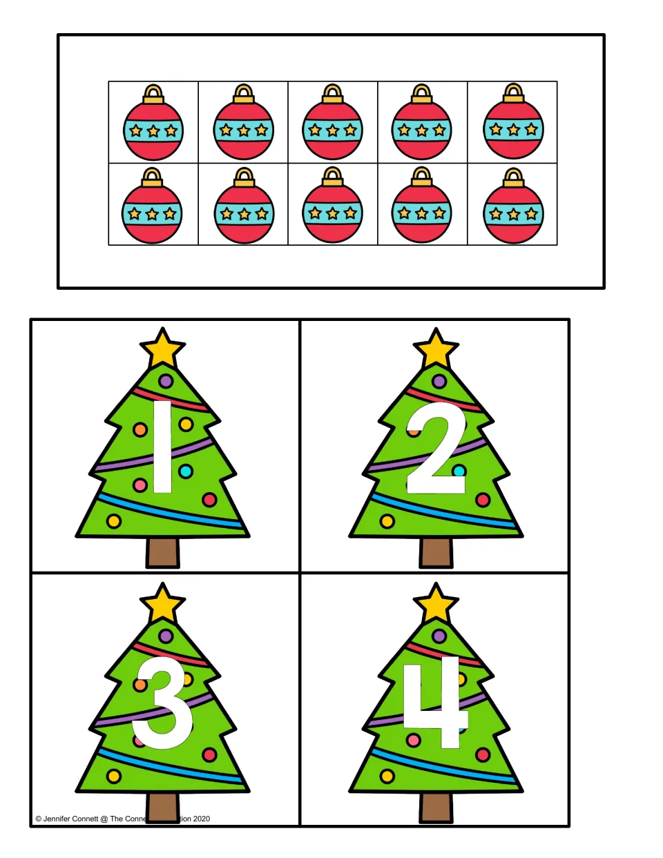 Full ten frame card with 10 ornaments, plus Christmas tree number cards 1 to 4 for matching numerals to ten frames