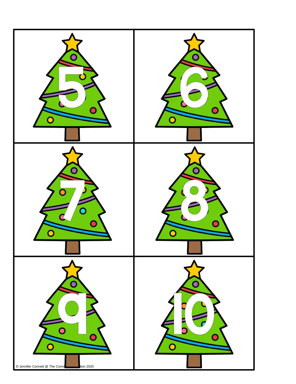 Christmas tree number cards 5 to 10, each decorated tree showing a large white numeral to pair with its ten frame card