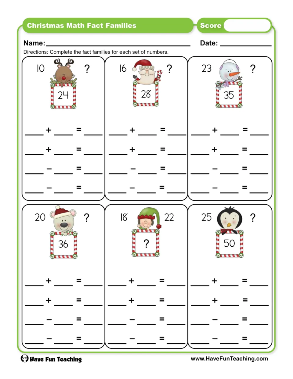 Christmas fact families: students find the missing number in 6 sets, then write 2 addition and 2 subtraction facts each