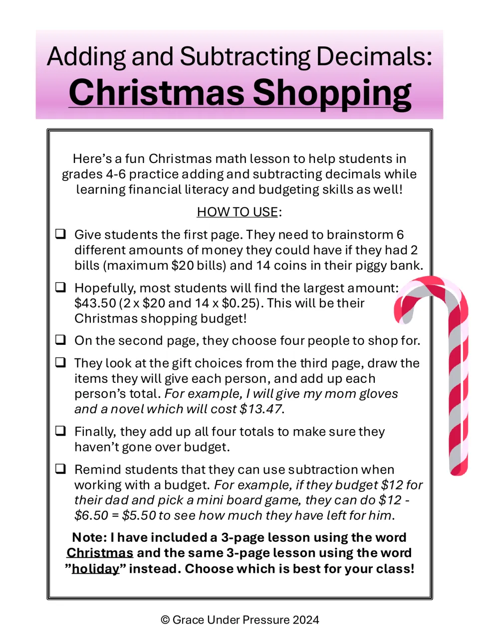 Christmas Shopping decimals teacher guide: how-to-use steps for finding a $43.50 budget and adding gift totals