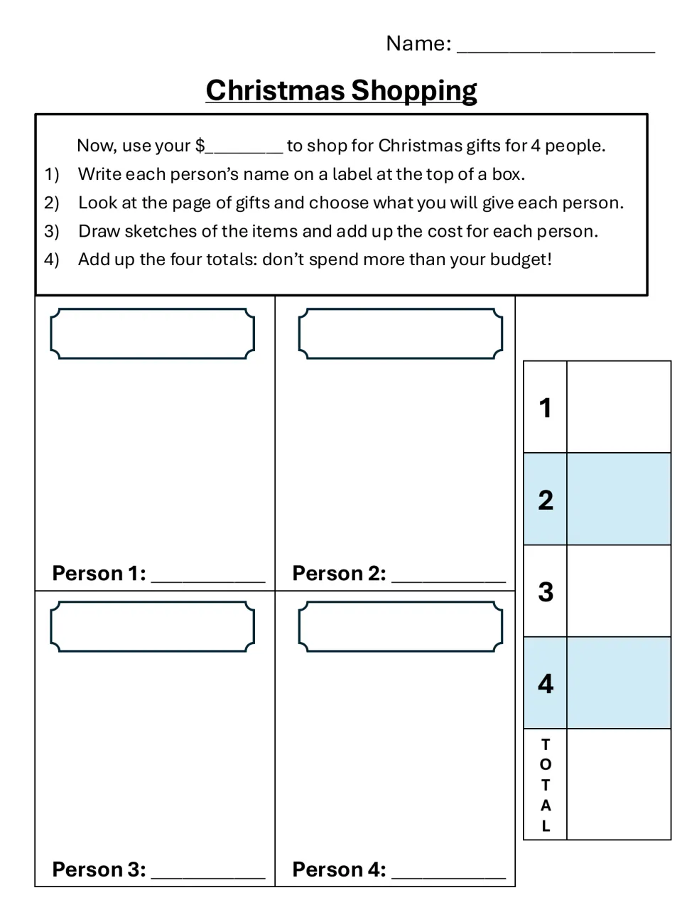 Christmas Shopping gift plan: students pick gifts for 4 people, sketch them, add each person's cost and sum all four totals