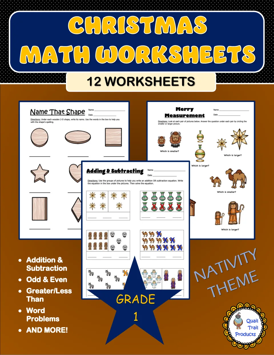Cover of Christmas Math Worksheets - Nativity Theme, identifying 12 worksheets for grade 1 with samples