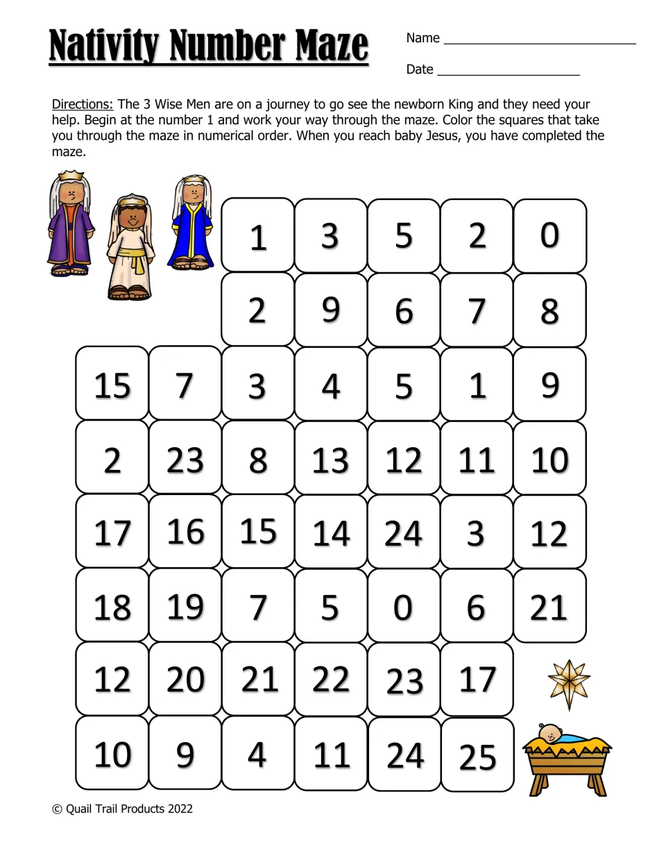 Nativity Number Maze worksheet: follow numbers 1 through 25 to guide the three Wise Men to baby Jesus