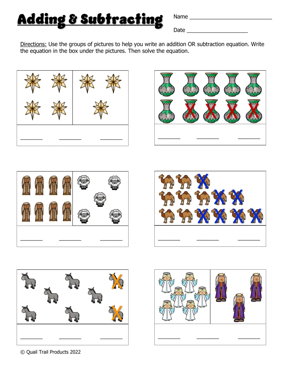 Adding & Subtracting worksheet: write and solve six equations using groups of Nativity-themed pictures