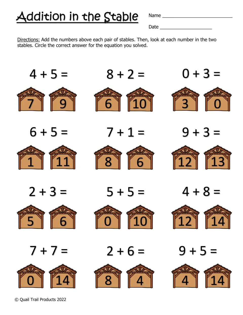 Addition in the Stable worksheet: solve 12 addition equations and circle the correct number in each pair