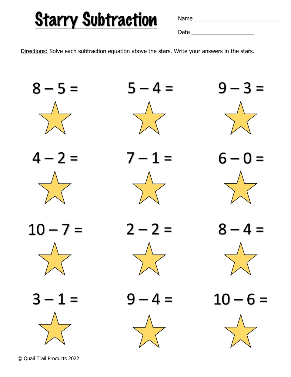 Starry Subtraction worksheet: solve 12 subtraction equations, including 8 − 5, 6 − 0, 2 − 2, and 10 − 6