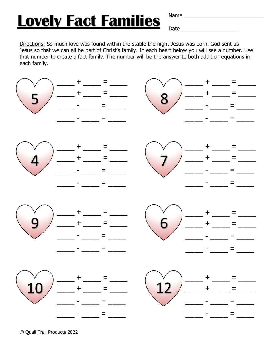 Lovely Fact Families worksheet: write two addition and two subtraction equations for each of eight totals
