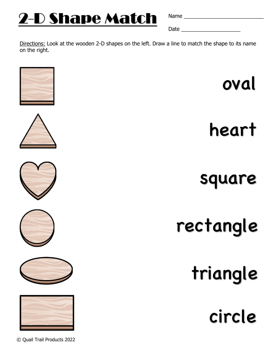 2-D Shape Match worksheet: match six wooden shapes to oval, heart, square, rectangle, triangle, and circle