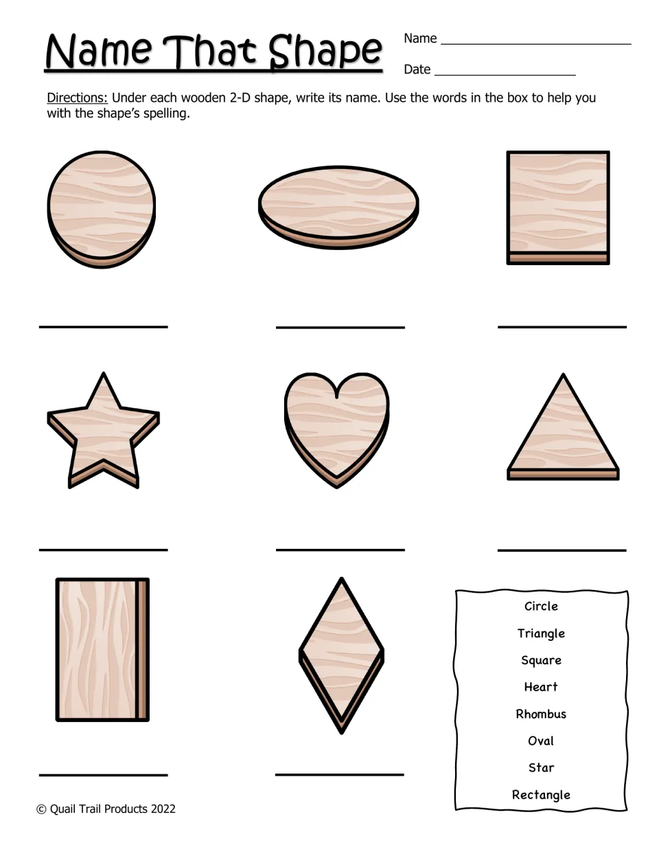 Name That Shape worksheet: label eight wooden 2-D shapes using a word bank that includes rhombus and star