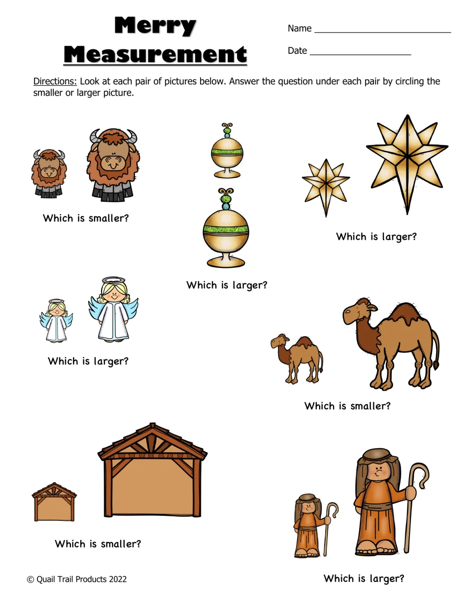 Merry Measurement worksheet: circle the smaller or larger picture in seven pairs of Nativity-themed images