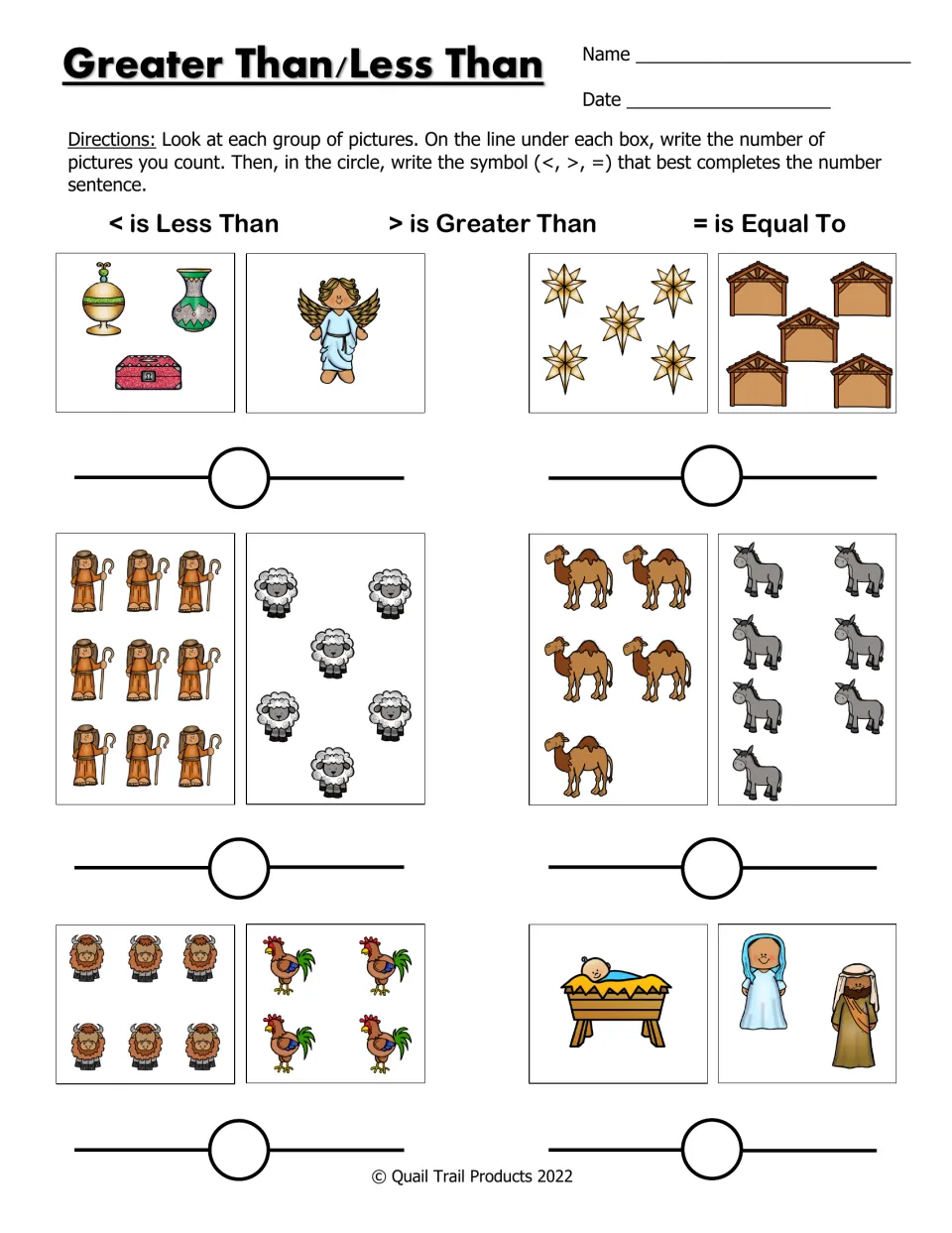 Greater Than/Less Than worksheet: count six pairs of Nativity picture groups and compare using <, >, or =