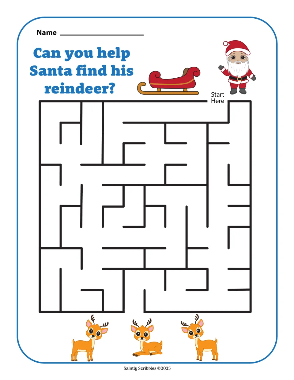 Color version of the Christmas maze asking 'Can you help Santa find his reindeer?' with a marked start
